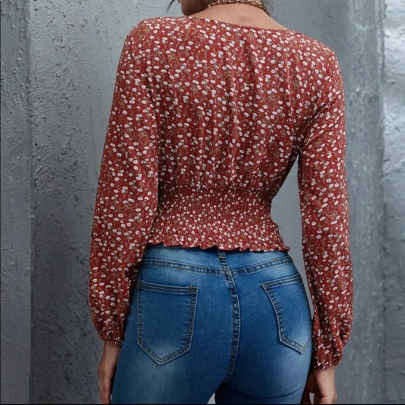 Shirred floral crop top boho gypsy print bishop - Picture 2 of 4